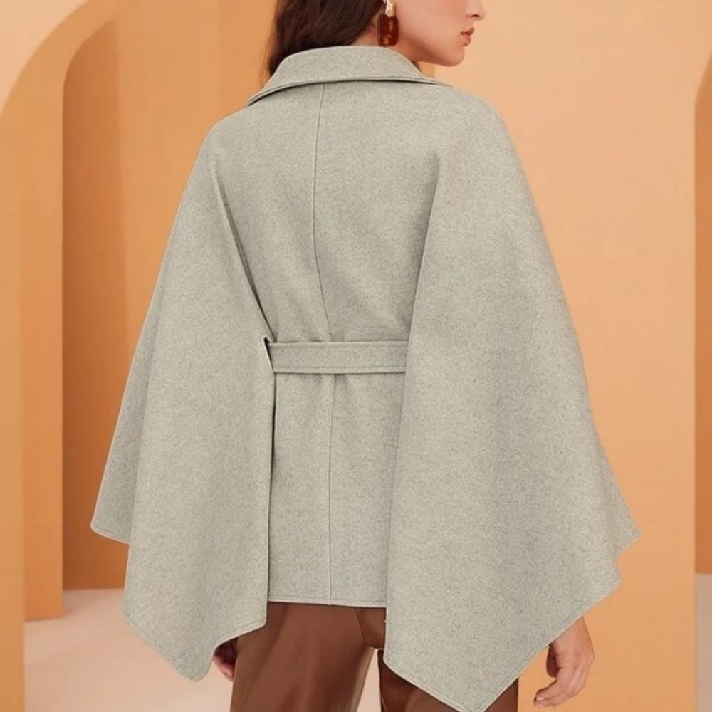 Double Breasted Cloak Sleeve Belted Jacket Cape Overcoat - Picture 4 of 9